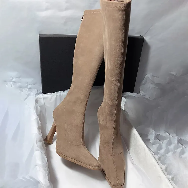 美拉德显瘦增高长筒靴秋冬新款瘦瘦靴子绒面舒适高跟弹力骑士长靴