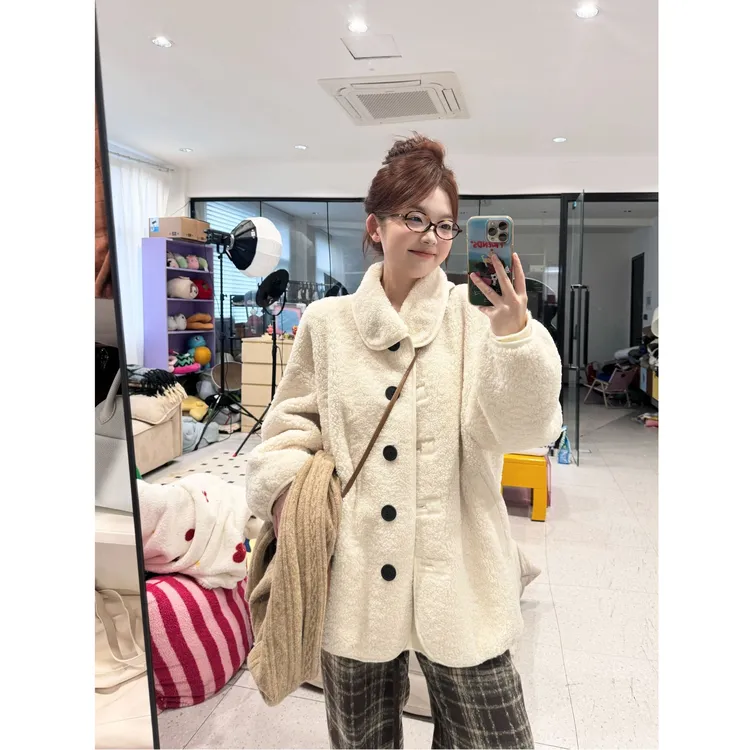 晶咕【绒化入冬！】韩系翻领仿羊羔毛宽松皮毛一体外套