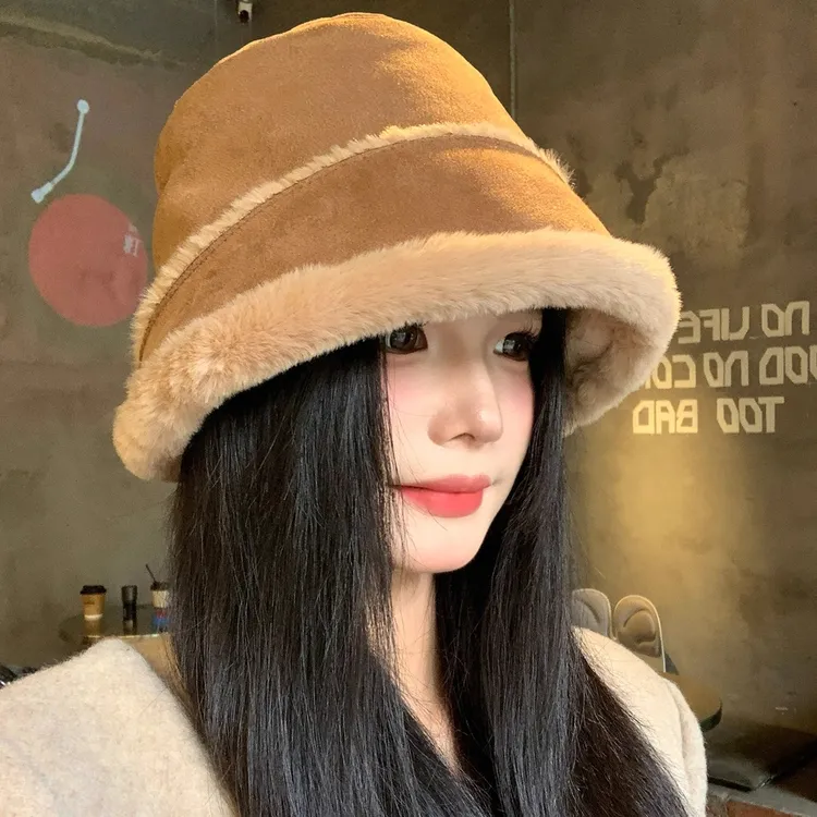 复古麂皮绒保暖渔夫帽女冬毛茸茸棕色帽子大头围加厚保暖防寒盆帽
