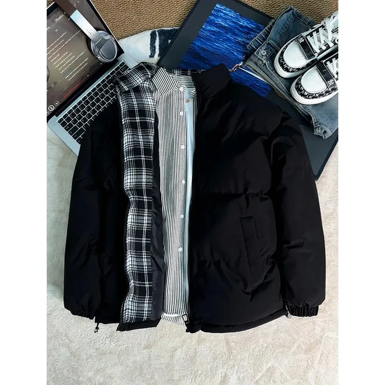 cleanfit黑色格子拼接短款棉服男款冬季立领面包服高级感棉衣外套