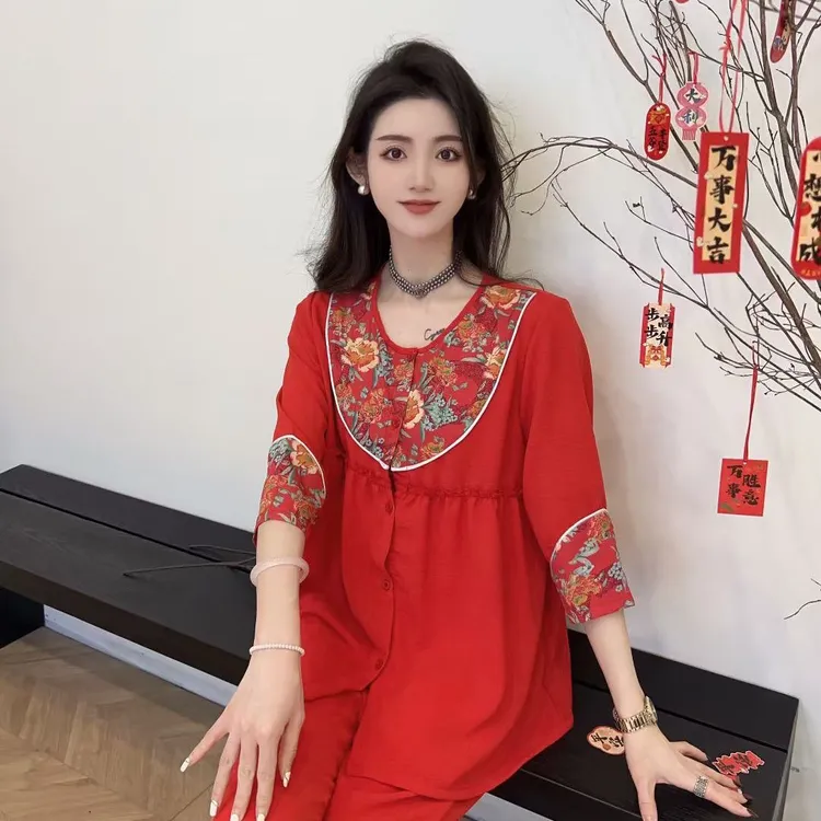 2026大红色睡衣女套装宽松显瘦本命年民族风大码新年家居服两件套