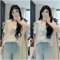 李潇洒 微胖大码夏季轻法式假两件设计感蕾丝拼接V领短袖衬衫