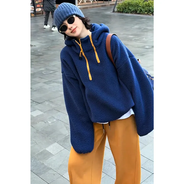 欧洲站2025冬季新款韩版百搭休闲连帽纯色时尚羊羔毛拉链卫衣潮