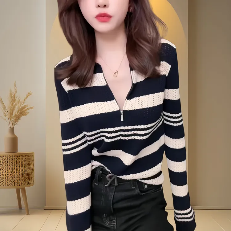 2025秋季新款复古撞色条纹针织衫女气质感百搭显瘦减龄女开衫上衣