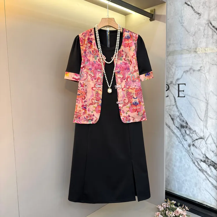 新中式发国风复古祥瑞印花盘扣马甲+短袖薄款连衣裙两件套1915