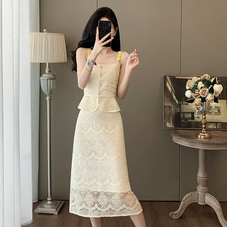 高级感小香风蕾丝套装裙女夏季收腰吊带背心半身裙气质优雅两件套