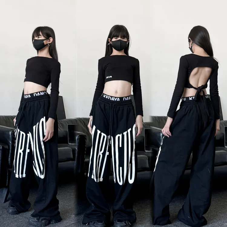 秋季新款童装潮酷女童修身露背长袖织带裤子少儿爵士舞女团套装