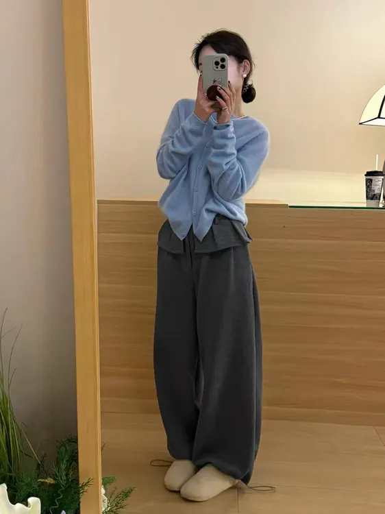 韩系荷叶边屁帘拼接加绒休闲裤女2025冬季新款高腰显瘦直筒阔腿裤