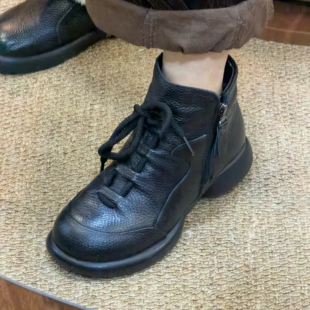 39码 头层牛皮 加绒保暖马丁靴女真皮软底防滑短靴冬