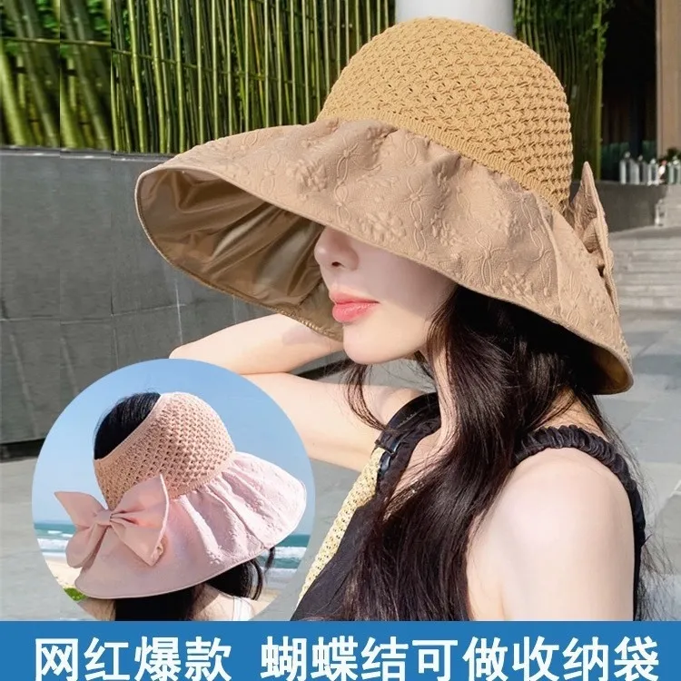 彩胶压花收纳蝴蝶结夏季空顶遮阳帽女款爆款2025新款防晒太阳帽