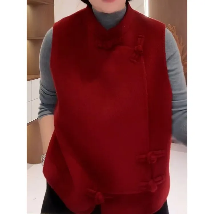 高级感时尚百搭双面毛呢马甲2025冬季新款中式立领盘扣坎肩外套