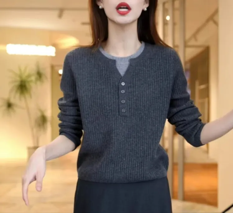 5针织常规款网红圆领修身毛衣半开领女毛针织衫