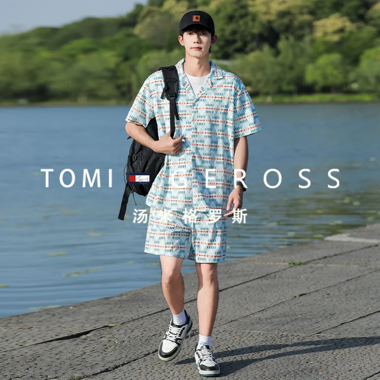 TOMI汤米时尚夏季海边度假两件套装T恤休闲男生印花短袖衬衫短裤