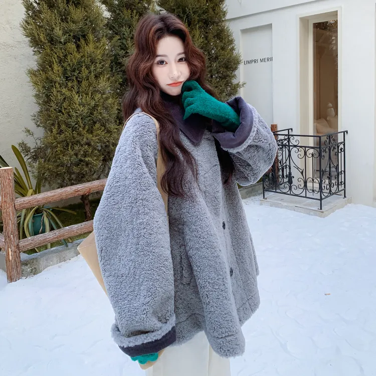 蓝色灯芯绒拼接羊羔毛棉服外套女冬季2025新款独特超好看加绒棉袄