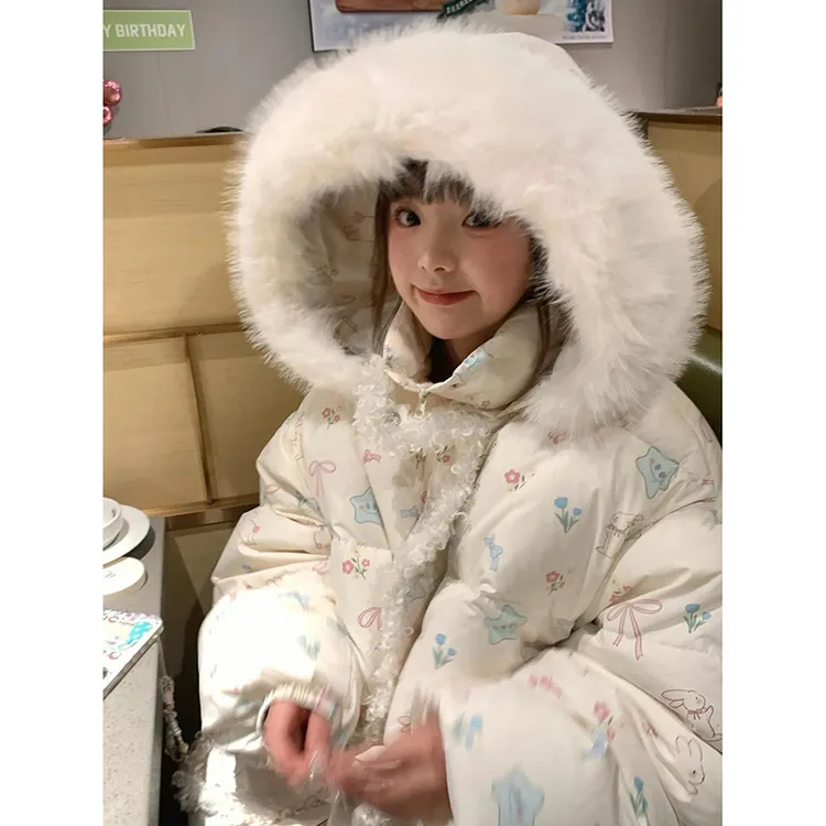 毛领连帽棉服女冬季新款甜美少女风印花设计感加厚面包服保暖外套