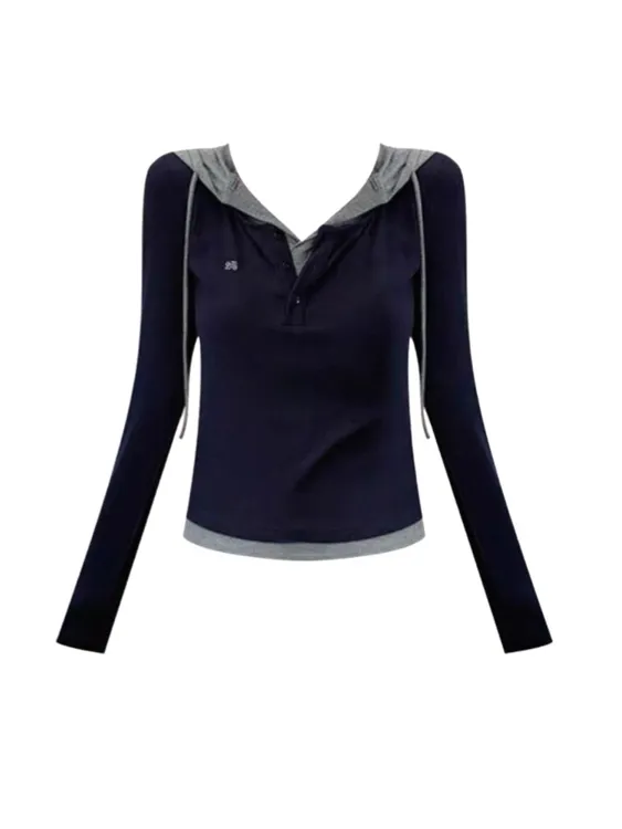 Amy家 微胖mm美式假两件连帽长袖T恤女秋季甜辣风撞色巨显瘦上衣