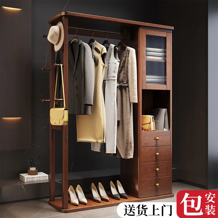 衣帽架穿衣镜落地全身镜子一体式实木挂衣架卧室床边放衣服神器