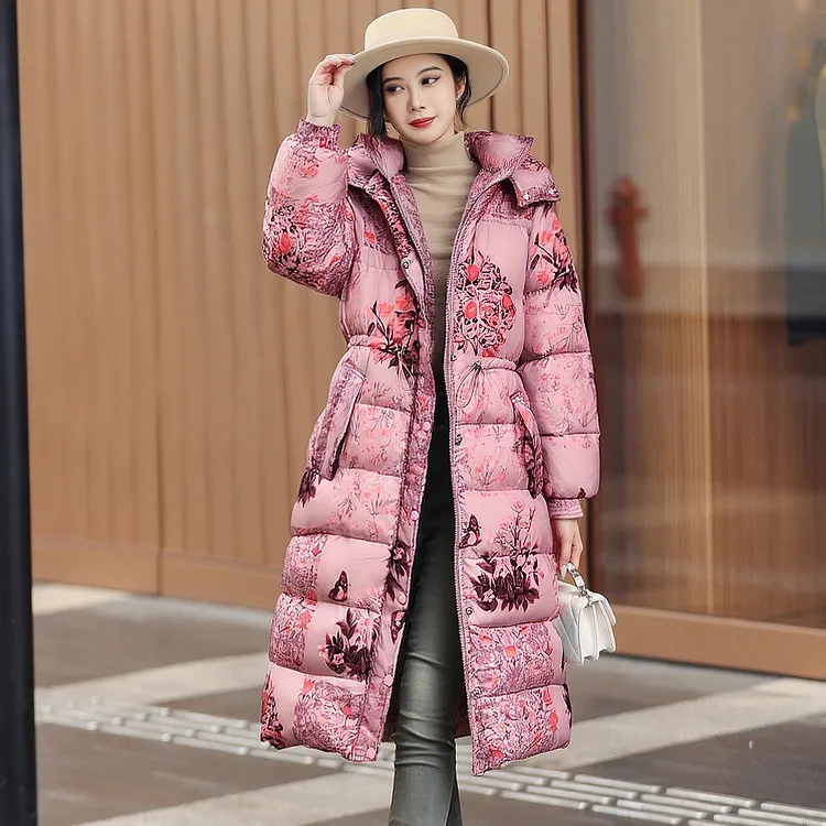 拜占庭的森林时尚百搭过膝防水保暖印花中长款法式轻奢长款羽绒服