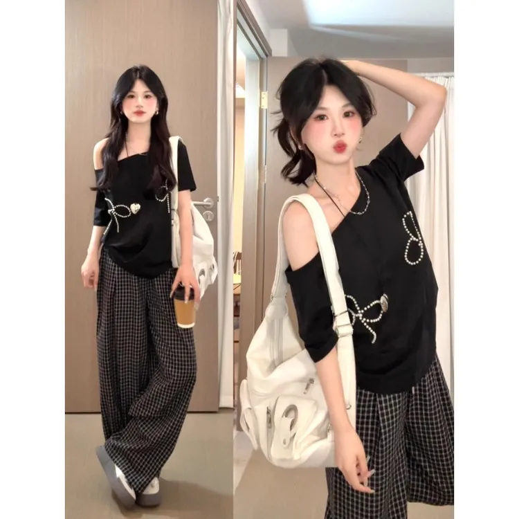韩系斜肩休闲运动套装女夏季设计感珍珠蝴蝶结短袖阔腿长裤两件套