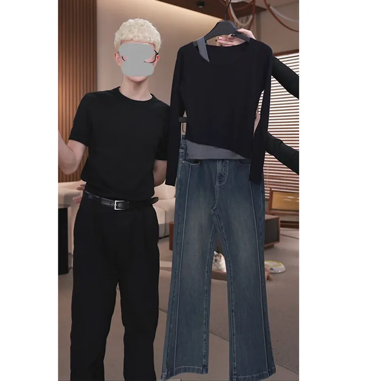 慵懒感显瘦套装女2025秋季新款简约风假两件上衣+高腰牛仔裤套装