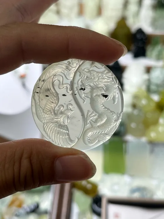 纯天然岫玉水墨料，国风情侣龙凤对寓意（龙凤呈祥）一对尺寸41mm