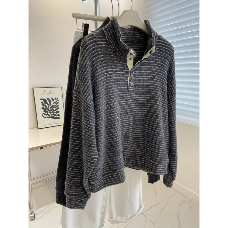 大码女装胖mm240斤细条纹立领卫衣女秋冬季韩系显瘦休闲外套上衣