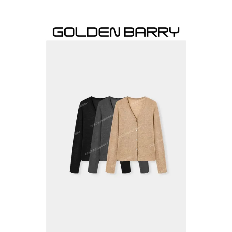GOLDENBARRY|243122“柔灰雅皱”轻薄V领羊绒开衫