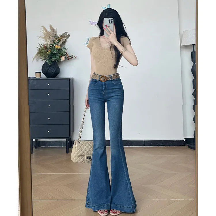 乔栈秋冬爆款美人鱼双V收腰弹力大摆微喇牛仔裤女性感紧身喇叭裤