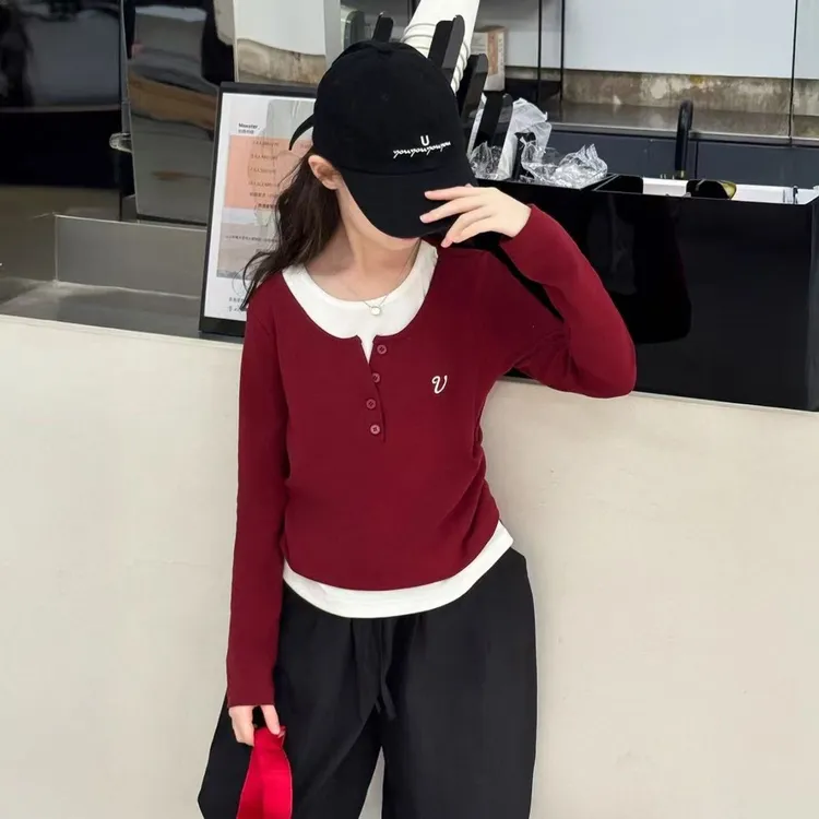 女童t恤长袖春秋装2025新款儿童假两件上衣女孩大童超好看打底衫