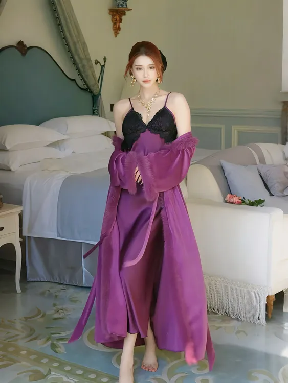 【紫罗兰之吻】秋冬新款法式外袍毛毛高级气质显瘦高级睡袍加厚公主