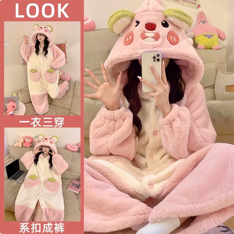 秋冬季麻花绒长毛绒女童睡袍连体两穿儿童少女童睡衣学生卡皮巴拉