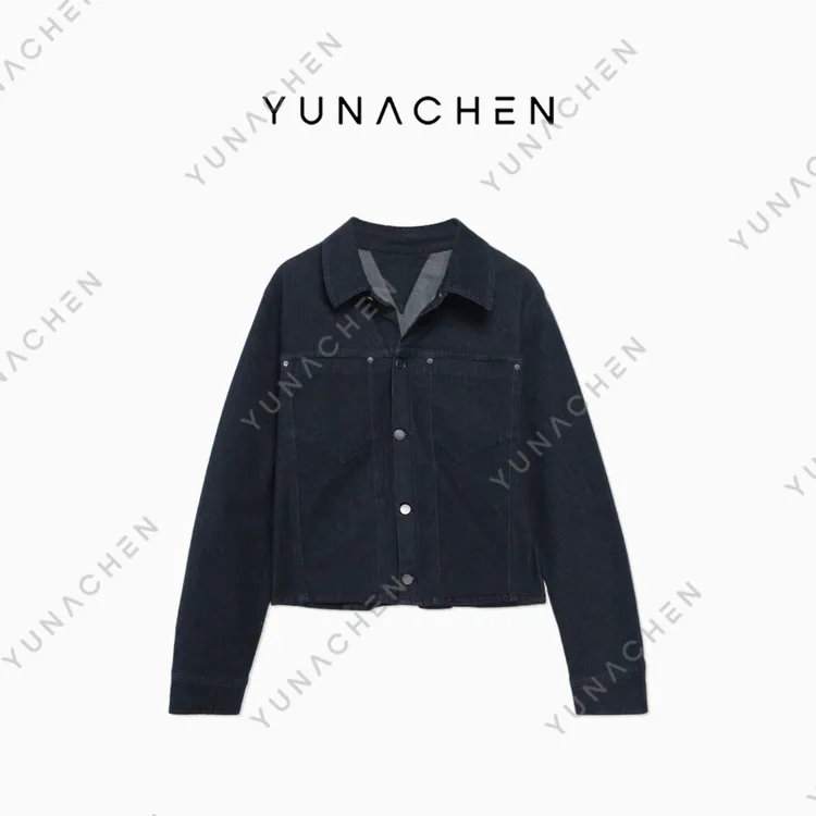 菠萝宝宝yuna【念言】YC14春夏高定桑蚕丝不易褪色墨蓝光泽牛仔外套