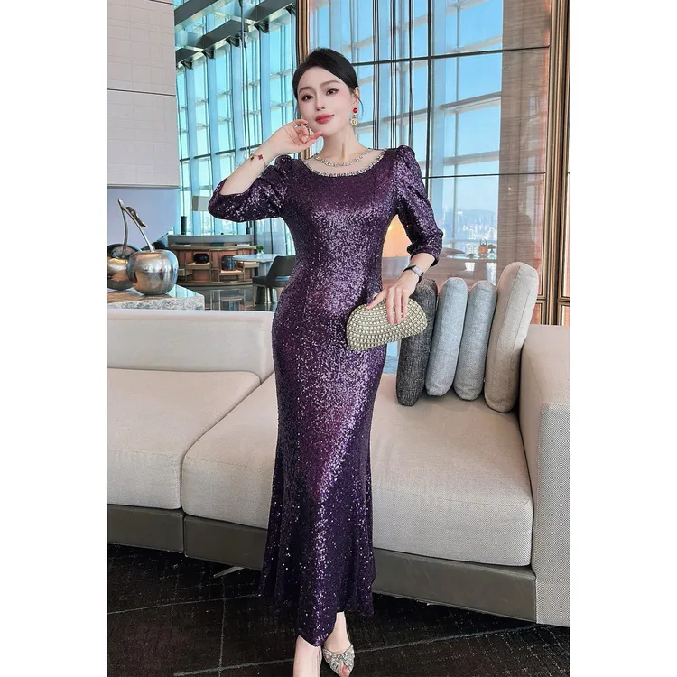 欧美风重工订钻领闪闪亮片高档婚礼宴会礼服裙喜妈妈连衣裙三色秋