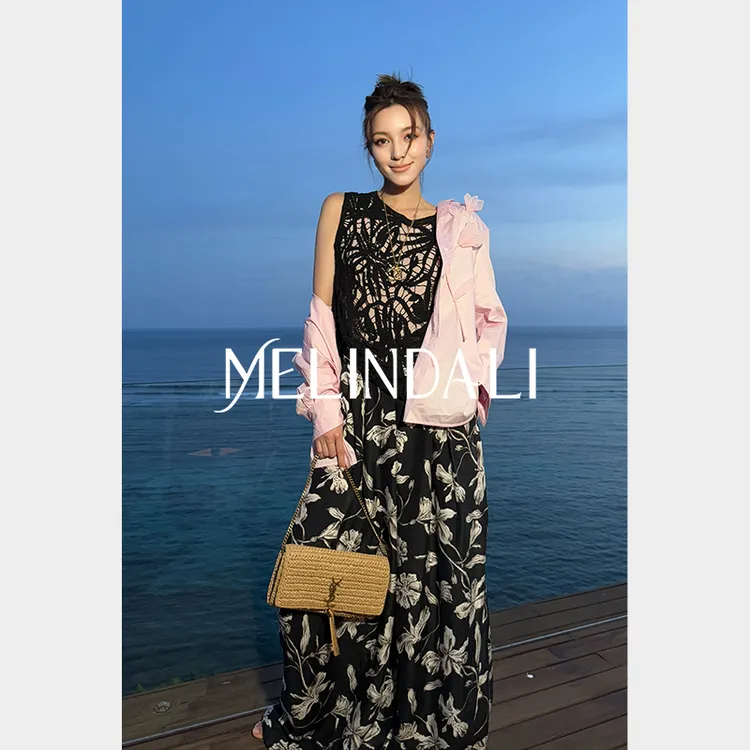 Melinda Li【法式屏风】原创手绘兰花印花高级感铜氨丝捏褶阔腿裤