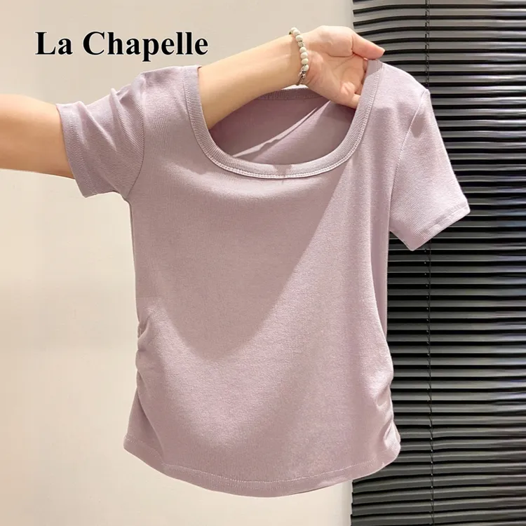 拉夏贝尔纯色简约正肩方领短袖T恤女夏2025褶皱收腰显瘦绝美上衣