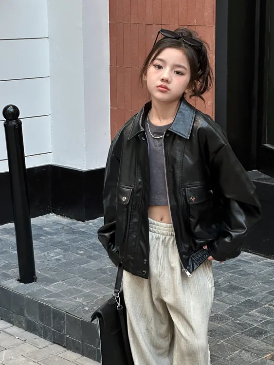 秋款女童小女孩长袖儿童宽松皮衣皮夹克短款洋气宽松型极简风