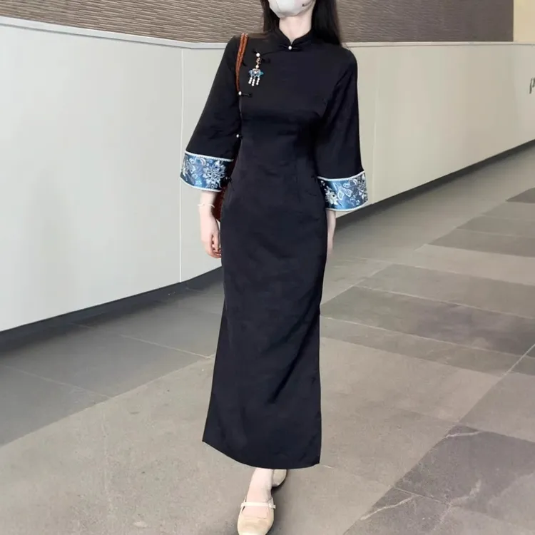复古馆【墨黛】倒大袖刺绣改良旗袍黑色新中式高端连衣裙女气质显瘦