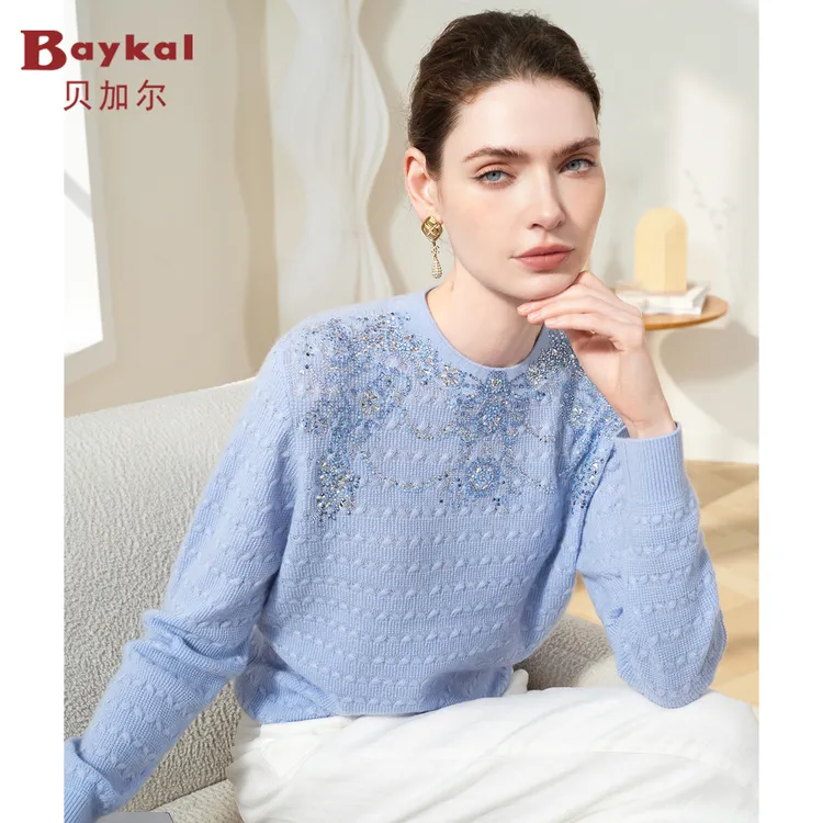 璀璨闪耀水钻 贝加尔100%羊绒衫烫钻肌理感圆领针织衫25004