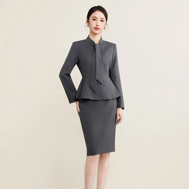 钟老板 灰色西装外套女2025秋季新款气质名媛西服半身裙两件套装