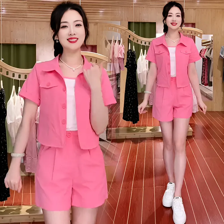 高含棉休闲运动服套装女2025夏季新款百搭上衣衬衫宽松短裤两件套