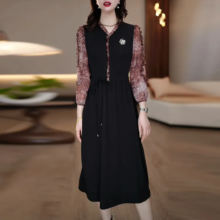 冰丝缎轻奢女装2025春季新款长袖黑色显瘦时尚拼接假两件连衣裙子