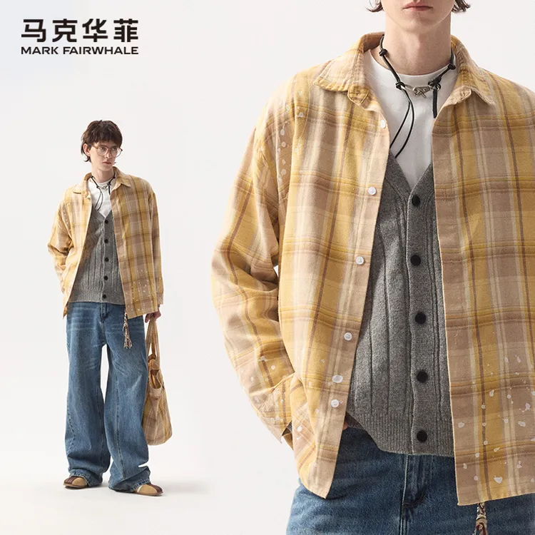 马克华菲美式潮牌柠檬黄格子长袖衬衫男士漆点宽松衬衣春秋季外套