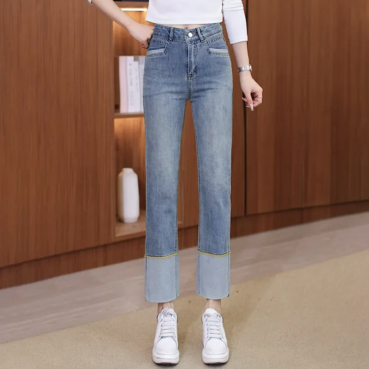 翻边直筒牛仔裤女2025春季新款高腰显瘦修身弹力九分小个子烟管裤