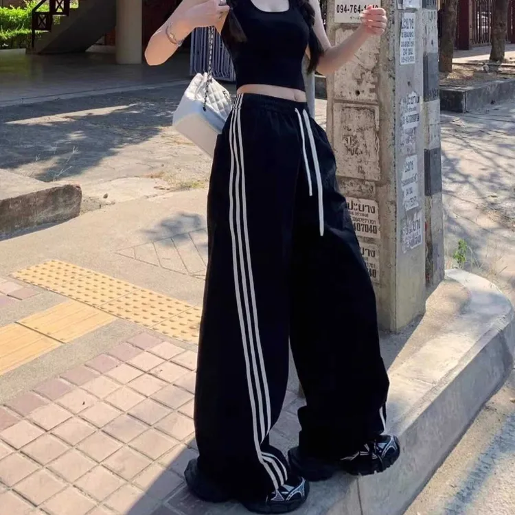 美式辣妹街头三条杠垂感阔腿裤女夏季薄款宽松显瘦速干休闲运动裤