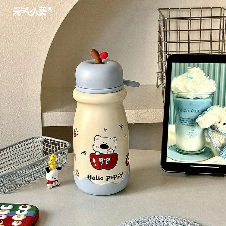 可爱苹果小狗保温杯女生高颜值新款学生便携杯子带提环316不锈钢