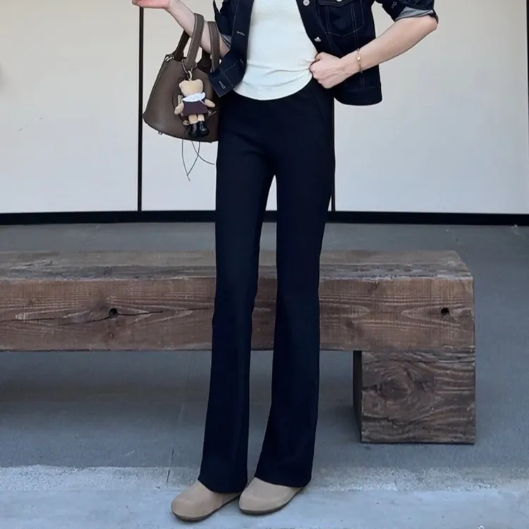 黑色加绒阔腿裤女秋冬新款侧开叉九分高腰显瘦时尚百搭休闲微喇裤