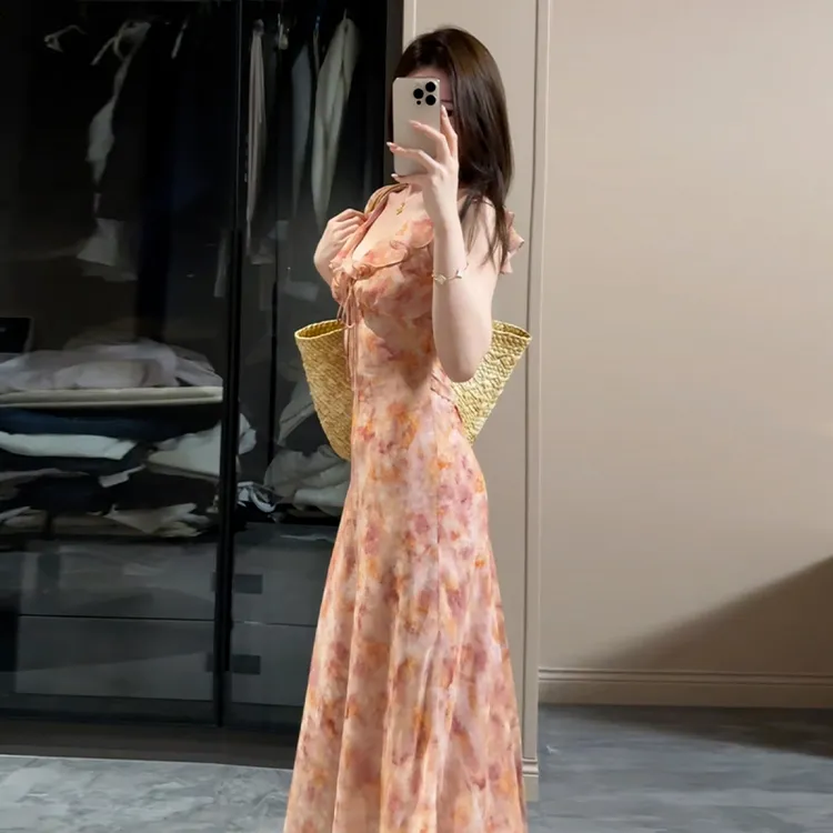 法式碎花吊带连衣裙子女夏2025新款今年流行收腰包臀长裙2563