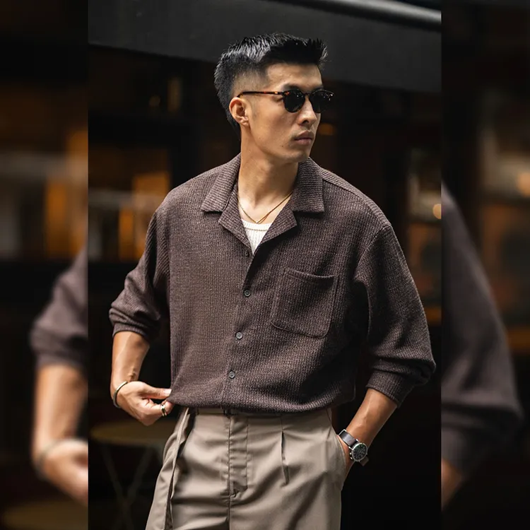 古叔的着 古巴领针织长袖衬衫男秋季新款宽松老钱风开衫衬衣上衣