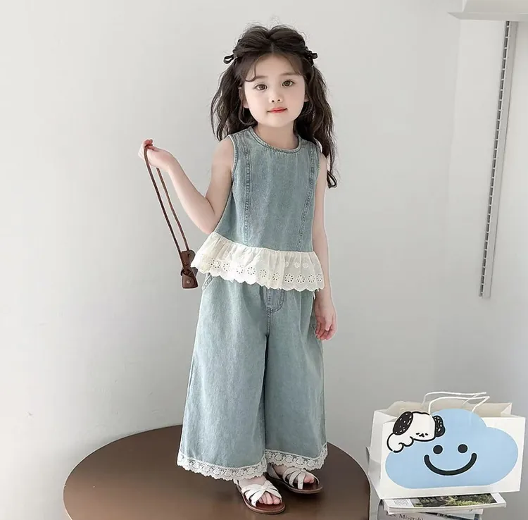 【专属定制】2025韩版女童夏季套装儿童牛仔背心无袖上衣阔腿裤两件