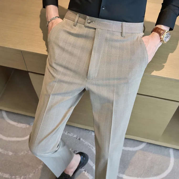 高级感格子西裤男2025新款休闲长裤潮流英伦风商务修身小脚西装裤